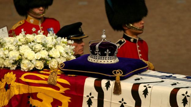 The jewel is in the crown worn by the Queen Mother, which was displayed on her coffin during her funeral
